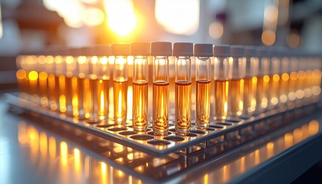 A FlyPro Firefly array of sterile inoculation loops displayed on a sterile metal rack, beautifully illuminated by a soft glow, captured in a high-resolution photographic style.