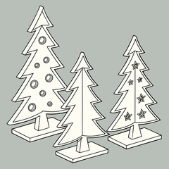 Obraz premium Three decorative Christmas trees with ornaments and stars line art illustration.