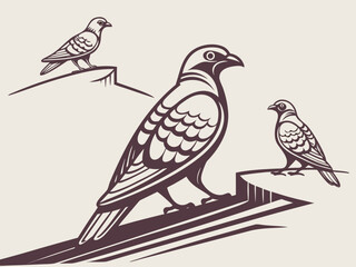 Fototapeta premium Three stylized birds perched on abstract geometric shapes in a minimalist illustration.