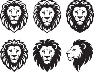 Fototapeta premium Set of lion faces. Collection of silhouette wild cats with mane. King of animals on a safari. Black and white illustration for the zoo. Tattoos