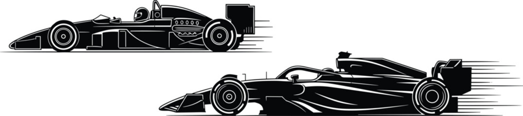 Black and white of two racing cars speeding motion lines sleek sports cars © MdSar