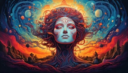 Fototapeta premium Psychedelic Woman - A Vibrant Journey Through Inner Space and Consciousness.