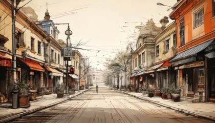 Obraz premium Charming European Street Scene - A Watercolor Painting of Urban Life.