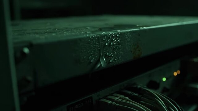Old Server Rack Humid Basement Condensation Droplets Metal Casing Green Industrial Lighting.