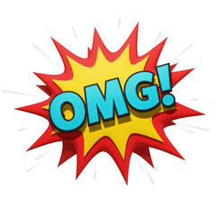 A vibrant explosion graphic with the text omg in bold letters at the center isolated on white background