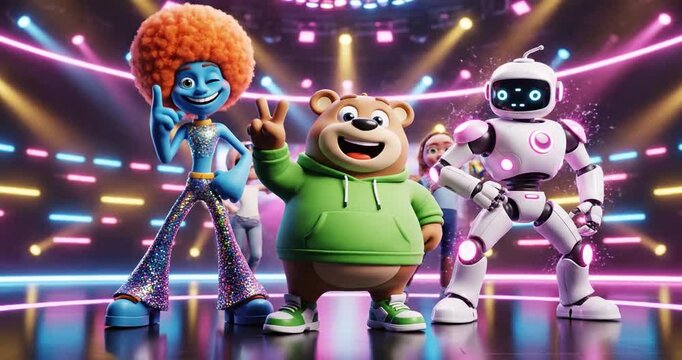 Colorful animated characters in a vibrant dance scene, showcasing fun and technology in a lively setting