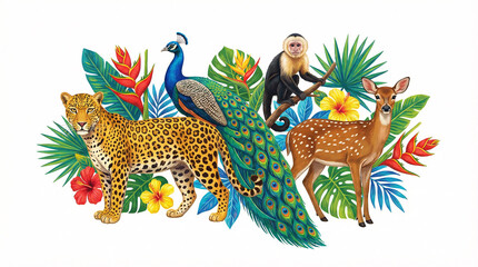 Vibrant jungle animals surrounded by lush tropical foliage and colorful flowers
