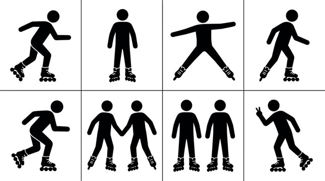 Black silhouette set of roller skating pictograms showing people inline skating in various poses including jumping gliding and holding hands for sports