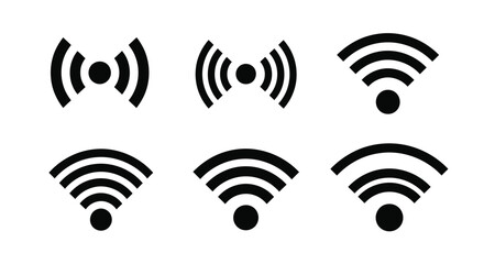 Collection of black wifi signal icons varying in strength silhouette