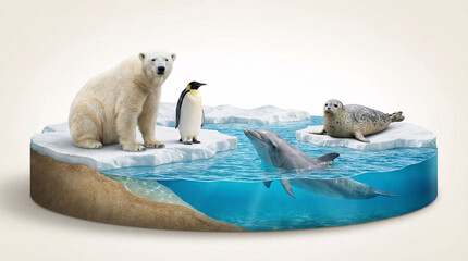 Arctic wildlife friends polar bear penguin seal and dolphin on melting icebergs