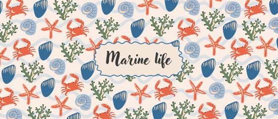 Marine life background, summer landscape postcard, ocean banner, cover