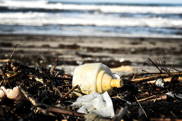 Plastic and wood waste after a storm polluting the beach