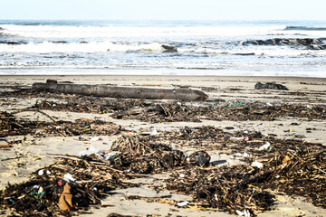 Plastic and wood waste after a storm polluting the beach