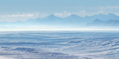 Vast icy landscape with distant blue mountains