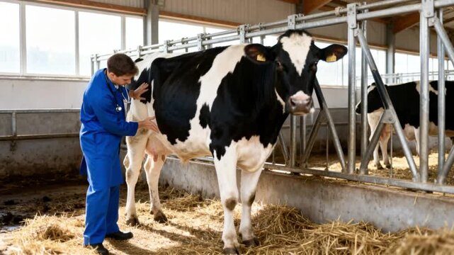 Caucasian male veterinarian examining a black and white cow in a farm stall, performing a health check and palpation for animal care.