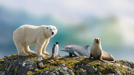 Majestic polar bear with penguin, dolphin, and seal on rocky cliff