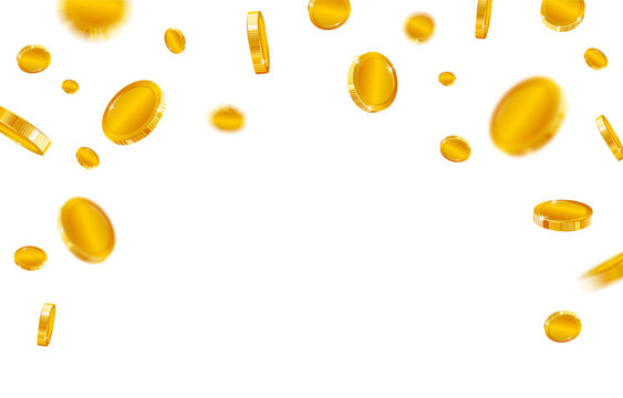 Falling gold coins money rain background. gold coins fall from the sky. Coins burst and explode wealth, jackpot, treasure, and finance concept.