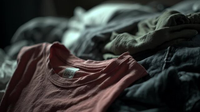 Massive pile of discarded clothing towers in arid landscape concept. Close up of casual clothes pile with pink shirt and various fabrics in soft natural light