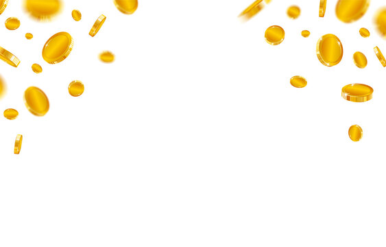 Falling gold coins transparent background. old coins fall from the sky. Cash explosion and flying coin vector illustration