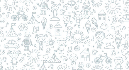 Obraz premium Playful Seamless Pattern of Children's Drawings: Robots, Cars, Tents, and Sun