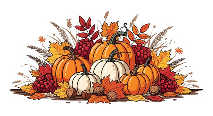 Naklejka premium Autumn Harvest Pumpkins, Berries, Nuts, and Leaves with Wheat Stalks Illustration