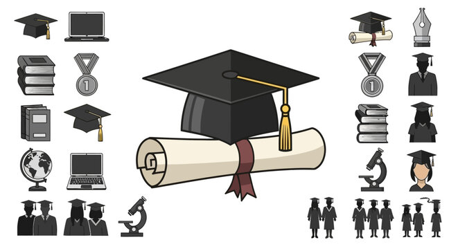 Graduation Celebration Icons: Caps, Diplomas, Books, Medals, and More Educational Symbols