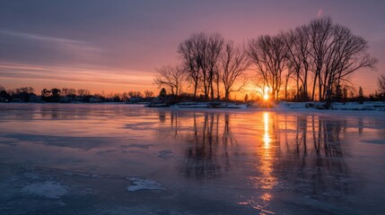 Obraz premium Winter sunset over frozen lake and trees