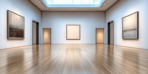 Fototapeta premium Empty modern art gallery with three framed abstract paintings, skylight and polished wooden floor in a calm, minimalist, contemplative atmosphere