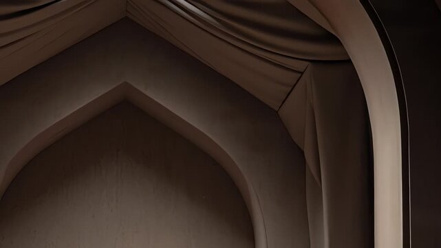 Elegant arched interior with draped fabric and soft shadows.