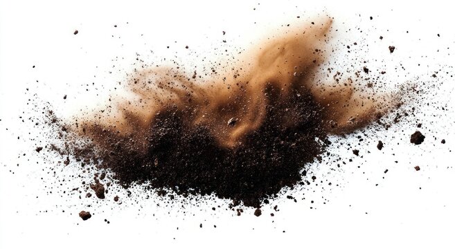 bursting cloud of dark soil and dust particles with scattered clumps on a white background conveying dynamic energy and chaotic motion