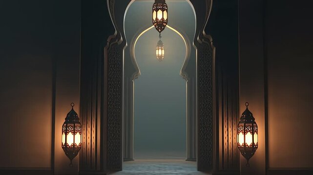 Mystical corridor with ornate Islamic arches and lanterns.