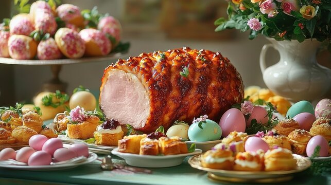 glazed ham roast centerpiece with pastel eggs, assorted mini pastries and tarts on a springtime table with fresh flowers, evoking a joyful festive celebration