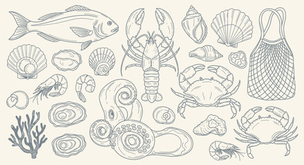 Collection of Hand-Drawn Seafood Delicacies and Marine Life in Outline Style