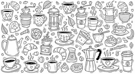 Hand-Drawn Coffee Shop Doodles Featuring Various Cups, Pastries, and Brewing Equipment