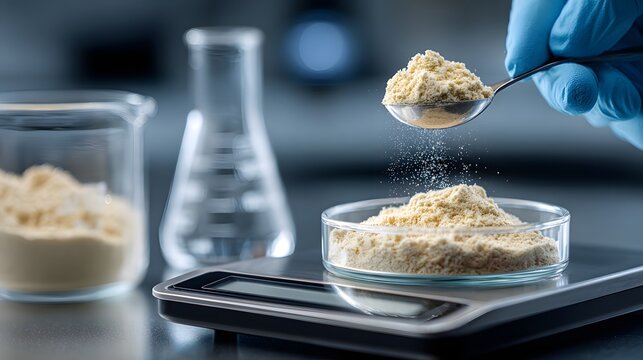 scientist measuring plant-based protein on digital scale. white protein powder analysis in food science laboratory.  nutritional supplement research and quality control concept.