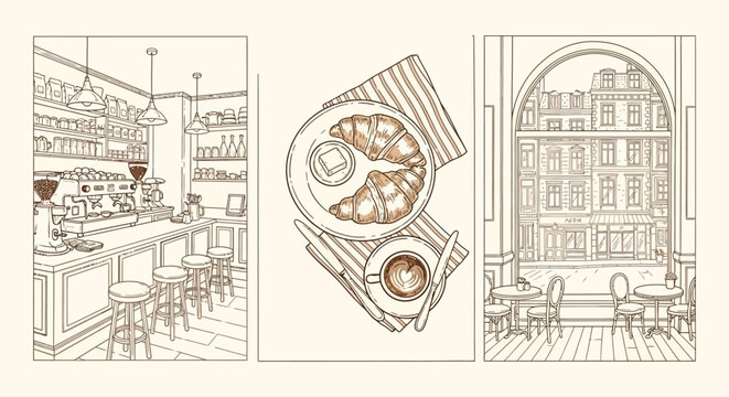 Charming Cafe Scene Vector Illustration with Croissants and Coffee