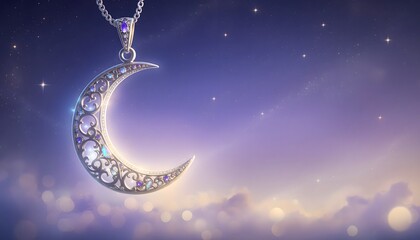 Fototapeta premium Ornamental crescent moon pendant against a starry night sky.