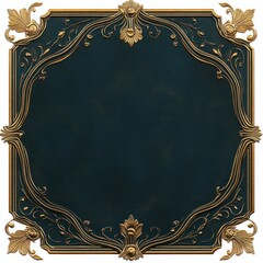 ornate gold filigree frame with dark teal leather center and floral corner motifs, luxurious vintage embossed plaque evoking elegance and timeless refinement