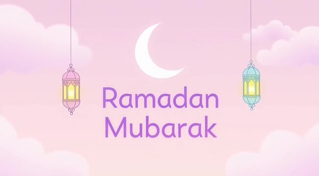 Ramadan Mubarak celebration with crescent moon and lanterns