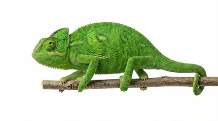 Vibrant green chameleon perched on branch with detailed texture