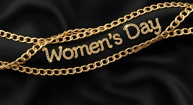 Celebratory gold chains with women's day message on black background