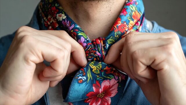 A person ties a floral scarf around their neck, hands adjusting the knot