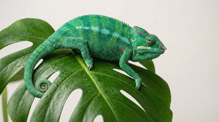 Vibrant green chameleon resting on leaf with curled tail