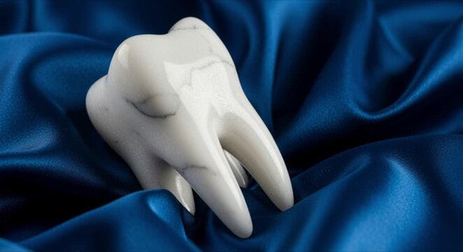glossy white tooth marble sculpture on satin cloth perfect for world oral health day