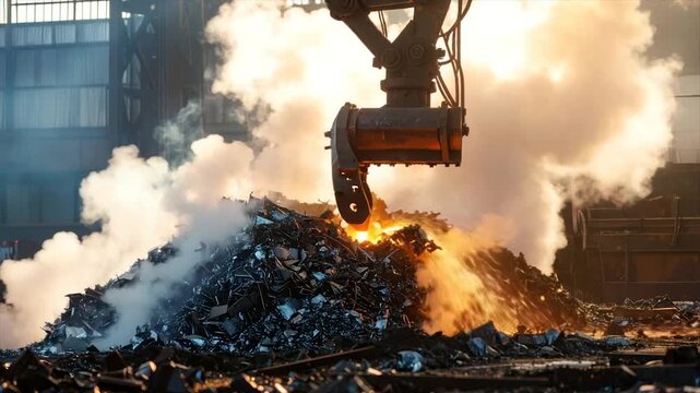 A metal claw pouring molten material onto a pile, creating smoke & sparks in an industrial setting