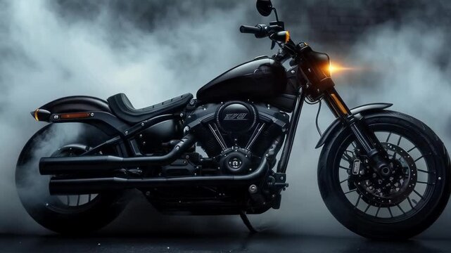 A powerful motorbike shrouded in smoke, creating a dramatic image of speed and freedom, a striking backdrop for advertising transport or extreme sports.
