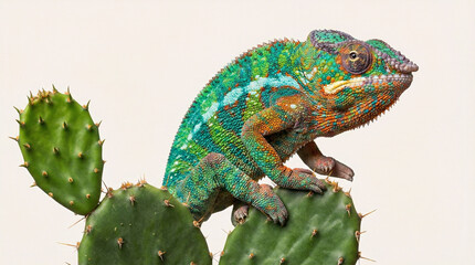 Vibrant chameleon perched on cactus with colorful scales