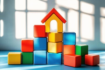 Obraz premium Playful arrangement of colorful wooden building blocks stacked into a small house shape on a blue surface with warm sunlight and window shadow patterns