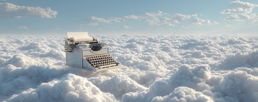 A giant floating typewriter typing clouds into existence
