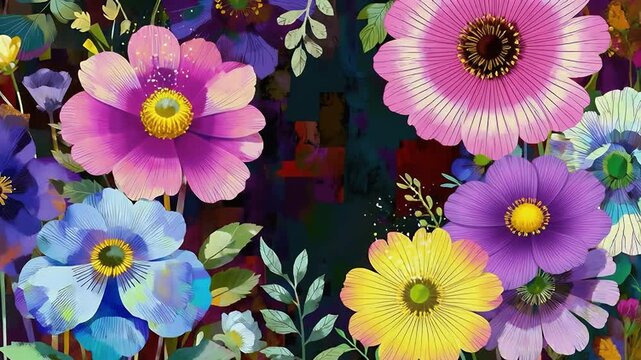 Vibrant watercolor flowers art with petals, leaves and dark background